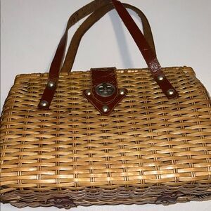 Brown Woven Handbag with Leather Straps